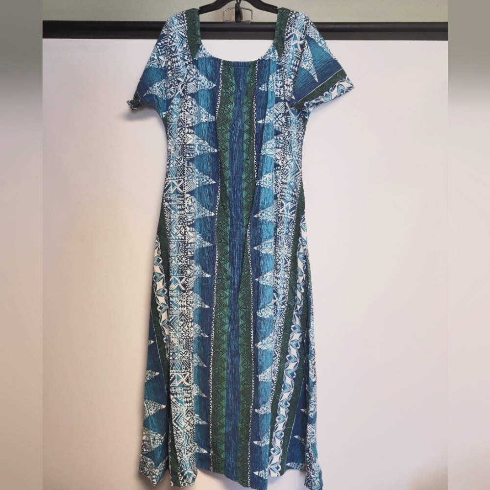 Handmade Beautiful Blue & Green Printed Bohemian Maxi Dress, Size Large - Picture 6 of 6